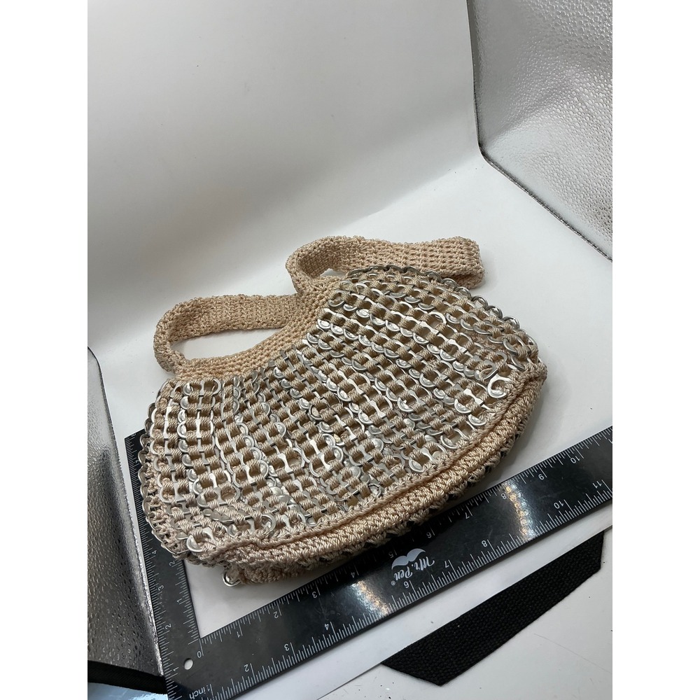 Handmade Soda Pop Tab Crochet Shoulder Bag Beige Metallic Recycled Eco Friendly - Picture 12 of 13